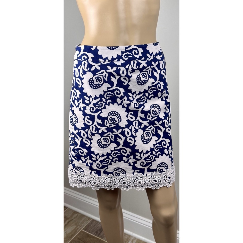 Talbots LACE-TRIMMED WOODBLOCK FLORAL STRETCH COTTON CANVAS SKIRT Womens Sz 2
